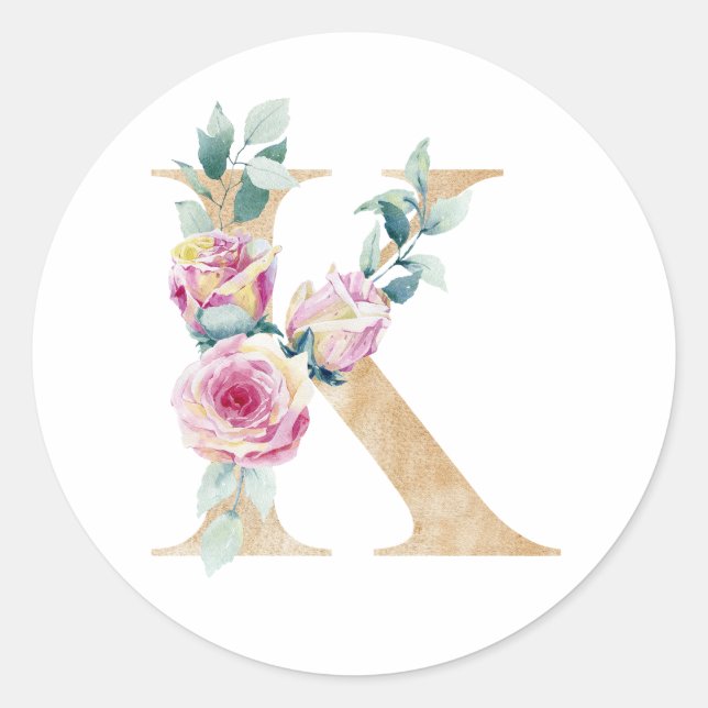 Sticker Rond Lettre K aquarelle avec des roses (Devant)