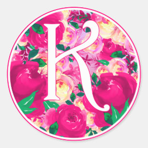 Sticker Rond Lettre K Aquarelle rose Monogramme du cercle flora