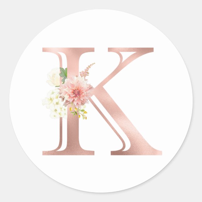 Sticker Rond Lettre K en Monogramme Or Rose Fleur Rose Pâle Feu (Devant)