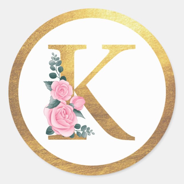 Sticker Rond Lettre K Monogramme Roses rose Floral & Elegant Or (Devant)
