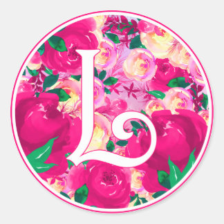 Sticker Rond LETTRE L Aquarelle rose Cercle Floral Monogramme