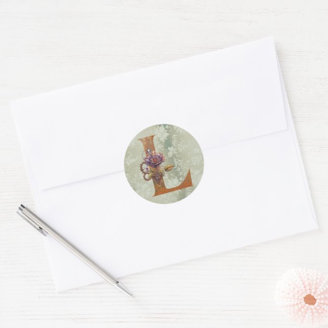 Sticker Rond Lettre L Florale Steampunk Vintage (Enveloppe)