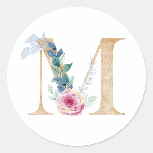 Sticker Rond Lettre M aquarelle avec roses (Devant)