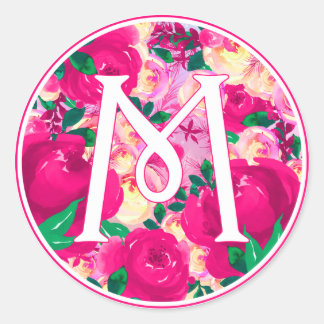 Sticker Rond Lettre M Aquarelle rose Monogramme circulaire