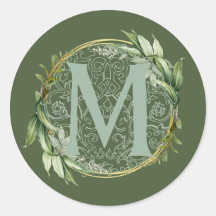 Sticker Rond Lettre M Monogramme Feuilles verts botaniques init