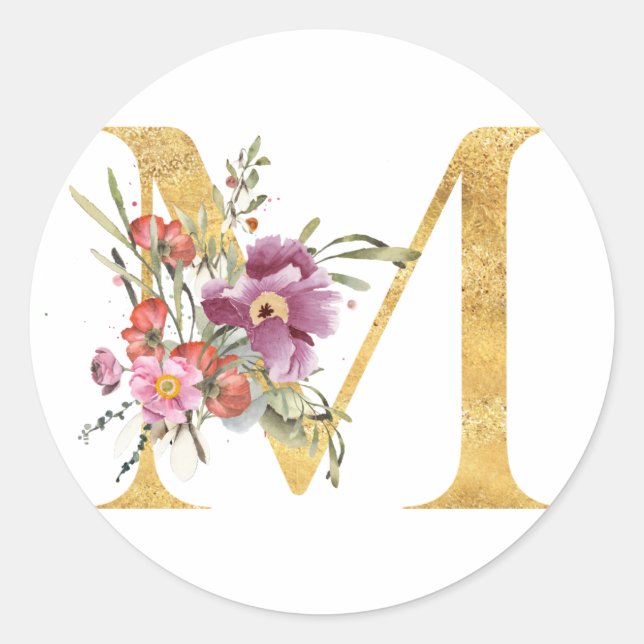 Sticker Rond Lettre M monogramme or avec fleur (Devant)