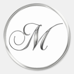 Sticker Rond Lettre M Monogramme Sliver Sur Sceau Mariage Blanc