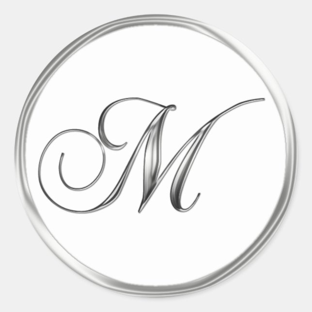 Sticker Rond Lettre M Monogramme Sliver Sur Sceau Mariage Blanc (Devant)