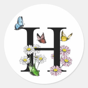 Sticker Rond Lettre moderne H Jardin Papillon Monogramme