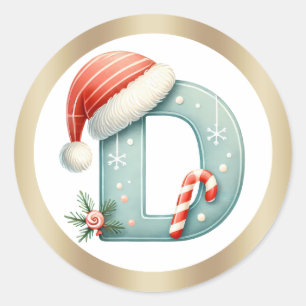Sticker Rond Lettre monogramme D, chapeau de Père Noël Noël Au