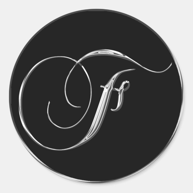 Sticker Rond Lettre Monogramme F Sliver sur sceau Mariage noir (Devant)