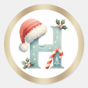 Sticker Rond Lettre monogramme H, chapeau de Père Noël Noël Au