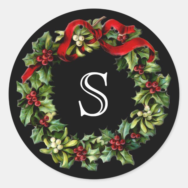 Sticker Rond Lettre monogramme Holly Wreath Noël (Devant)