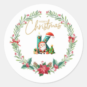 Sticker Rond Lettre monogramme K, couronne de Noël avec Père No