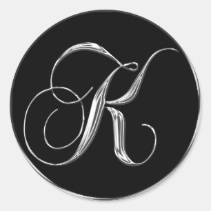 Sticker Rond Lettre monogramme K Sliver sur sceau Mariage noir