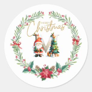 Sticker Rond Lettre monogramme M, couronne de Noël avec le Père