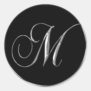 Sticker Rond Lettre Monogramme M Sliver sur sceau Mariage noir