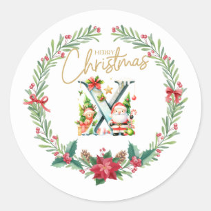 Sticker Rond Lettre monogramme X, couronne de Noël avec Père No