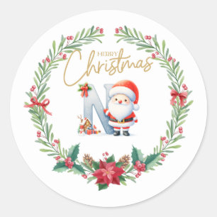 Sticker Rond Lettre monographie N, couronne de Noël avec le Pèr