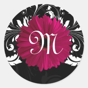 Sticker Rond Lettre monographique Fuchsia, Gerbera noire/blanch