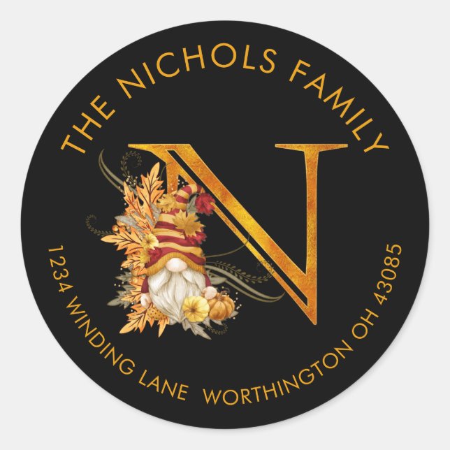 Sticker Rond LETTRE MONOGRAPHIQUE GnomE Saison Automne N Étique (Devant)