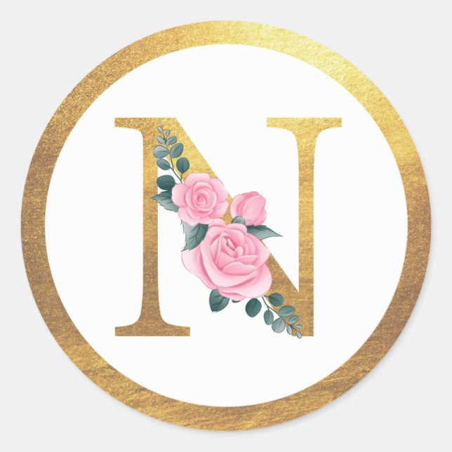 Sticker Rond Lettre N Monogramme Roses roses rose Floral & Or É (Devant)
