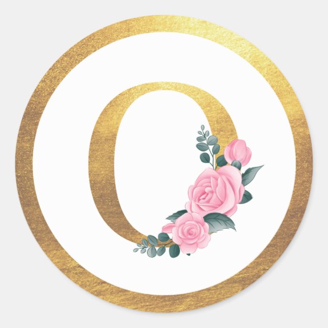 Sticker Rond Lettre O Monogramme Roses roses rose Floral & Or É (Devant)