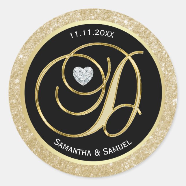 Sticker Rond Lettre or noir monogramme "D" Mariage (Devant)