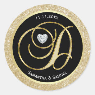 Sticker Rond Lettre or noir monogramme "D" Mariage