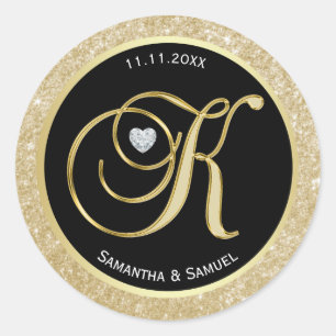 Sticker Rond Lettre or noir Monogramme "K" Mariage