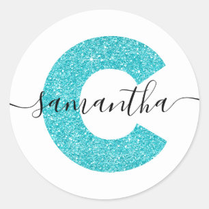 Sticker Rond LETTRE Parties scintillant Turquoise Fille C MONO