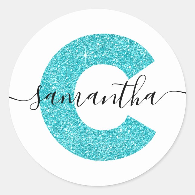 Sticker Rond LETTRE Parties scintillant Turquoise Fille C MONO (Devant)