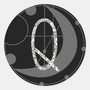 Sticker Rond Lettre Q Rune Monogramme géométrique Lune Noire