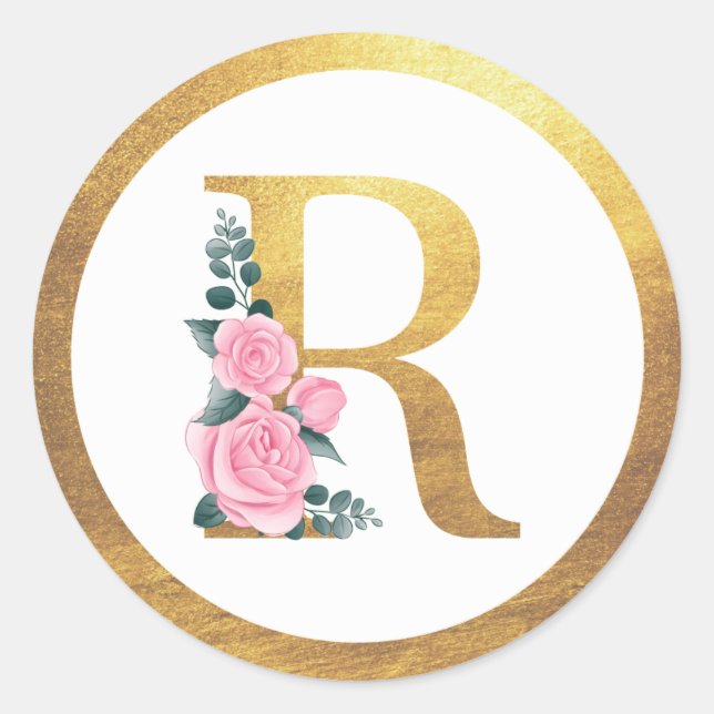 Sticker Rond Lettre R Monogramme Roses roses rose Floral & Eleg (Devant)