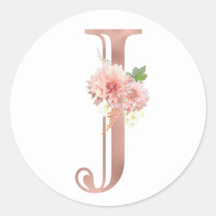 Sticker Rond LETTRE rose MONOGRAPHIQUE D'OR J FLEUVE ROSE BLANC
