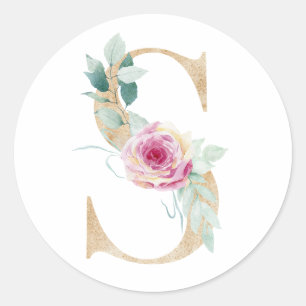 Sticker Rond Lettre S aquarelle avec des roses
