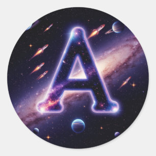 Sticker Rond 🚀 Lettre spatiale A Galaxie Planètes Étoiles Enfa