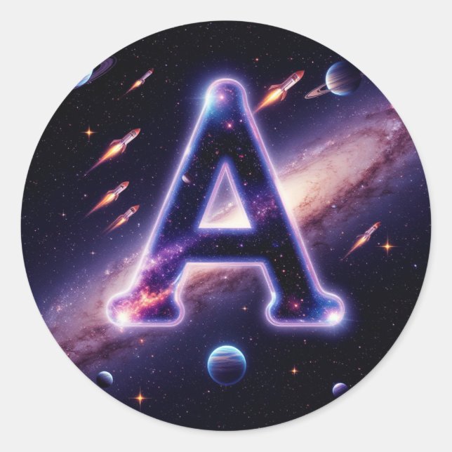 Sticker Rond 🚀 Lettre spatiale A Galaxie Planètes Étoiles Enfa (Devant)