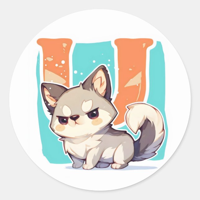 Sticker Rond Lettre U Anime Chien Grognon (Devant)
