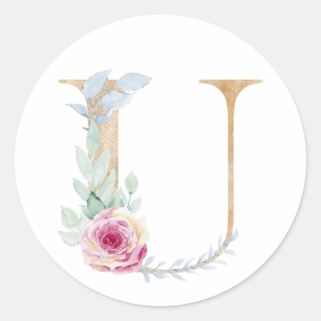 Sticker Rond Lettre U aquarelle avec des roses (Devant)