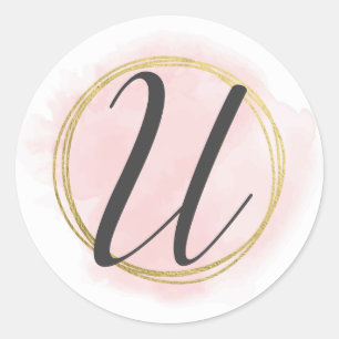 Sticker Rond Lettre U Monogram Blush Pink Aquarelle or chic