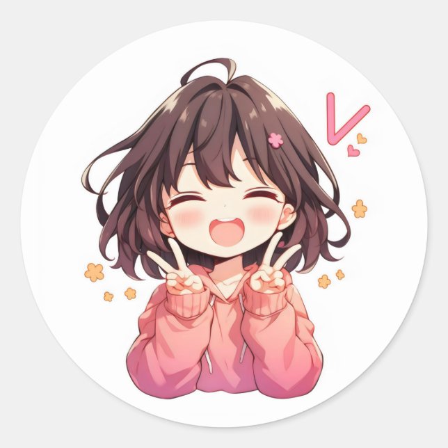 Sticker Rond Lettre V Kawaii Fille d'Anime (Devant)