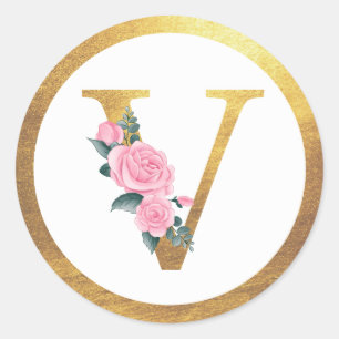 Sticker Rond Lettre V Monogramme Roses roses rose Floral & Or É