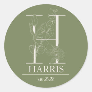 Sticker Rond Lettre Vintage florale verte ornement H Monogramme