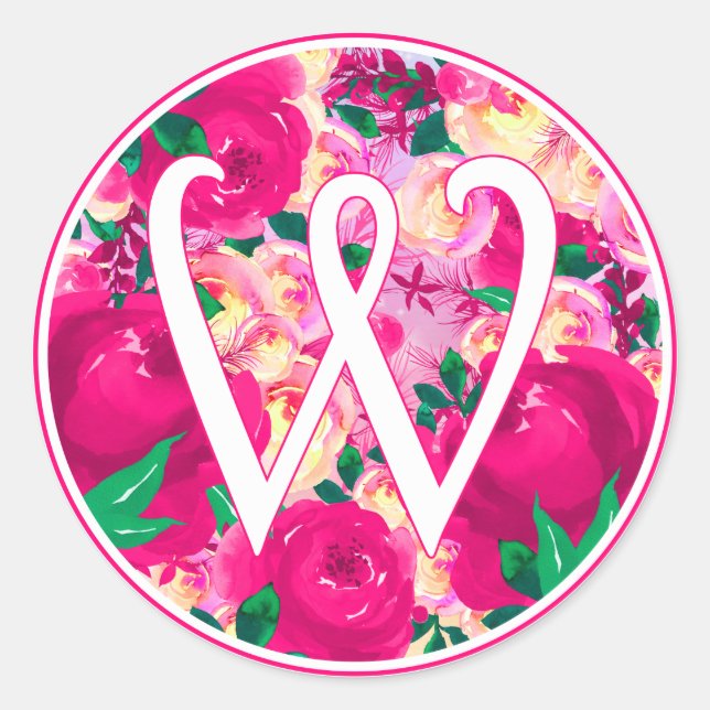 Sticker Rond Lettre W Aquarelle rose Monogramme circulaire (Devant)