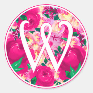 Sticker Rond Lettre W Aquarelle rose Monogramme circulaire