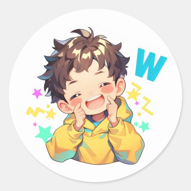 Sticker Rond Lettre W Garçon Anime Heureux (Devant)