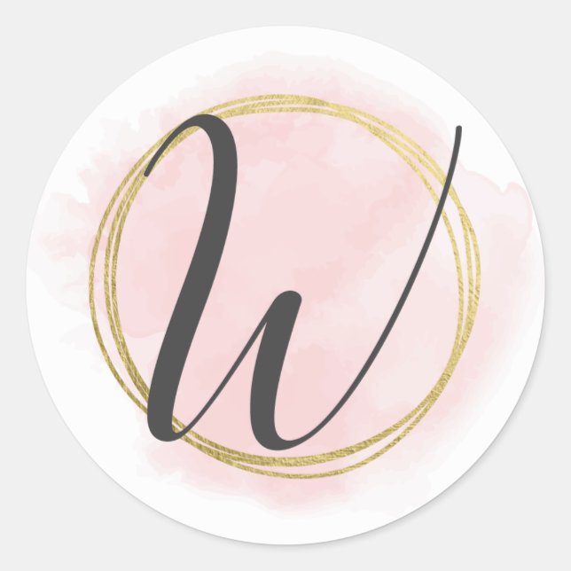 Sticker Rond Lettre W Monogramme Aquarelle rose pâle Chic or (Devant)