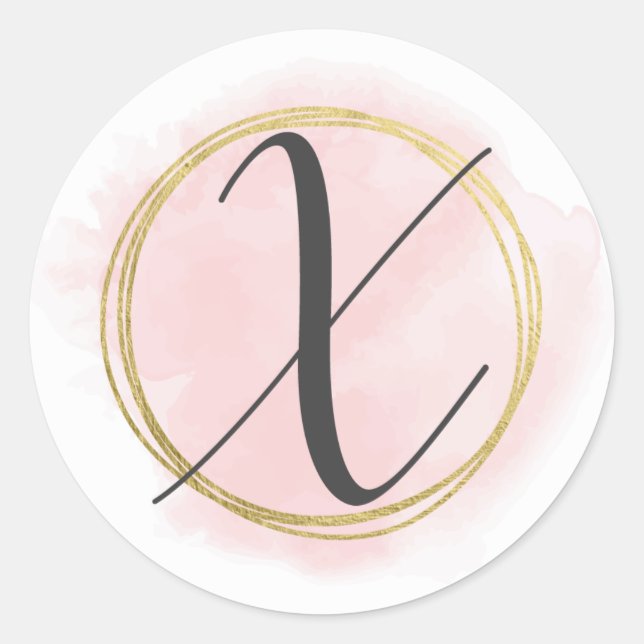 Sticker Rond Lettre X Monogramme Aquarelle rose pâle Chic or (Devant)