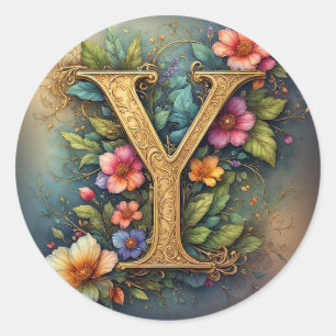 Sticker Rond Lettre Y dorée ornée entourée de fleurs vibrantes